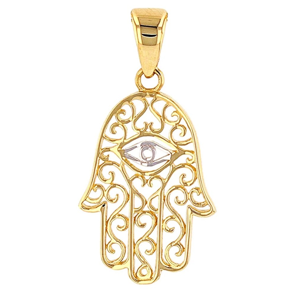 14kt SOLID two-tone yellow/white Gold Hamsa Eye of Fatima Pendant